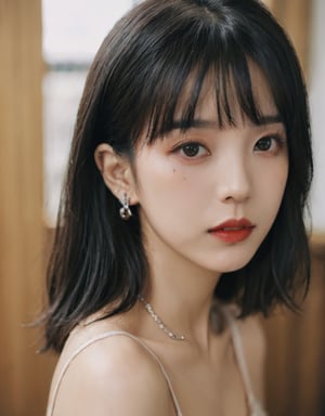 1girl, solo, looking at viewer, bangs, black hair, red eyes, lips, eyelashes, makeup, piercing, portrait, close-up, eye focus,raidenshogundef,High detailed ,xxmixgirl,FilmGirl