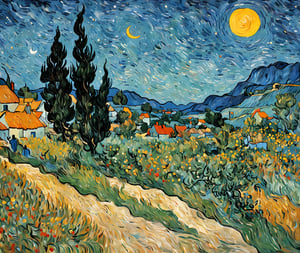 (((star and moon sky))),poor detail,summer night in a small village,art by van gogh,