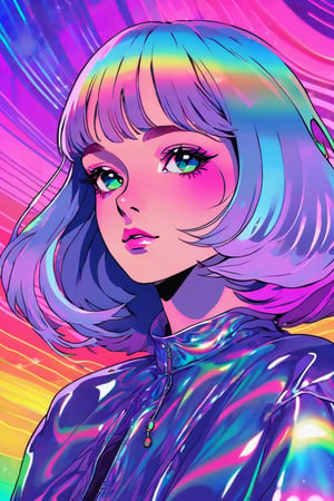 1girl ,solo,beautiful, flowing rainbow colored holographic background. vapor wave, candystyle,Detailedface,r1ge,candystyle,FilmGirl,Spirit Fox Pendant,beautymix,Flat Design