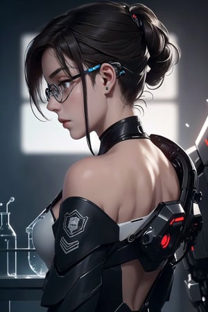 Special operation agent, futuristic tactical black suit, extra detailed, detailed anatomy, detailed face, detailed eyes, 1 girl, long dark brown hair, black eyes, (((head view))), off-shoulder, (side view), futuristic science laboratory, ((conducting science experiment)), futuristic sci-fi black eye glasses, mecha musume, 
