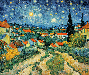 summer night in a small village,(((star sky))),art by van gogh