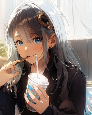 8k Wallpaper,  grand,  (((masterpiece))),  (((best quality))),  ((ultra-detailed)),  (illustration),  ((an extremely delicate and beautiful)),  dynamic angle,  rainbow hair,  detailed cute anime face,  ((loli)),  (((masterpiece))),  an extremely delicate and beautiful girl,  (Masterpiece quality),  white skin,  blue hair,  phone,  coffee,  Biting on the straw with your mouth,  looking at viewer,  blue eyes,  blonde hair,  long hair,  pure white dress,  More Detail,  Sexy Women,  top quality,  best quality,  Facing the camera directly,  (best quality,  candystyle,  sticker design,

