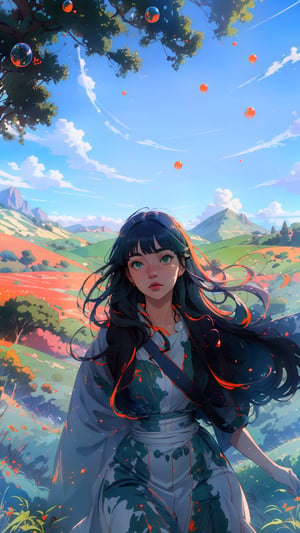 ((masterpiece)), (best quality), (cinematic), a woman in a long white dress, running through an open field, long black hair, bangs, chubby, wide hips, full body, green eyes, freckles on cheeks, wind, detailed face, detailed body, red and orange sky, glow, clouds, vegetation, green plains, floating bubbles, (cinematic, colorful), vast field, (extremely detailed), inspired by Studio Ghibli, EpicSky, cloud, sky, highly detailed, detailed face