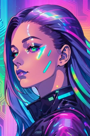 1girl ,solo,beautiful, flowing rainbow colored holographic background. vapor wave, candystyle,Detailedface,cyberpunk style