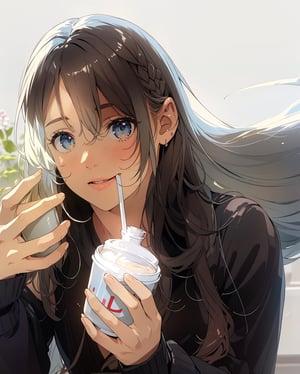 8k Wallpaper,  grand,  (((masterpiece))),  (((best quality))),  ((ultra-detailed)),  (illustration),  ((an extremely delicate and beautiful)),  dynamic angle,  rainbow hair,  detailed cute anime face,  ((loli)),  (((masterpiece))),  an extremely delicate and beautiful girl,  (Masterpiece quality),  white skin,  blue hair,  phone,  coffee,  Biting on the straw with your mouth,  looking at viewer,  blue eyes,  blonde hair,  long hair,  pure white dress,  More Detail,  Sexy Women,  top quality,  best quality,  Facing the camera directly,  (best quality,  candystyle,  sticker design,
