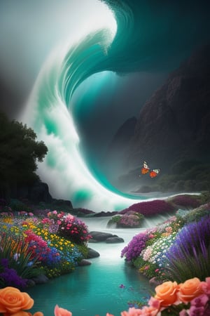 whimsical fantasy flight of colorful butterflies all of maximalist with a wave of flowers garden flowing flowers floating in misty dark aqua, soft apricot, smoke fractal, moody and big scale realistic flowers, octane rende, hyper realistic, intricate detail, photograph