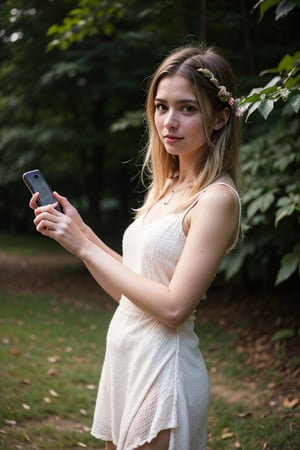 Candid shot of a pretty young blonde activist, who is wearing a dress made of leaves, in the midst of a Save Nature rally, full body portrait, natural light, wide angle, hard lighting, fluttering leaves, detailed and textured skin, determined look on her face, flowers in her hair, photo realistic, all in a RAW format shot with an iPhone, ideal for Instagram photography, muted colors, depth_of_field