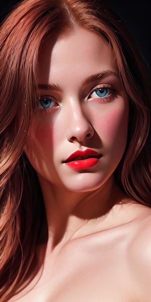 incredible redhead goddess, starred night, lights and shadows, accurate contrast, intense blue eyes, heavenly, white iridiscent clean skin, red lips,  radiosity, iridiscent, intrincate,  unsanely artwork by caravaggio,blond