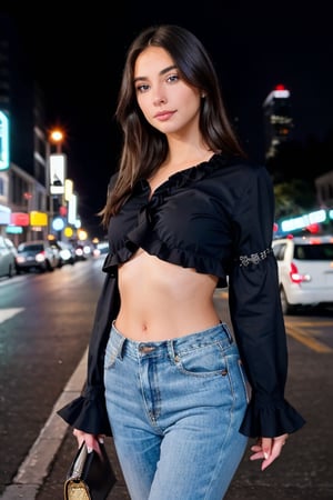 masterpiece, realistic, detailed, incredible girl, pretty, american, white skin, clean skin, perfect blue eyes, medium hair ruffled by the air, smile, incredible body, petite, casual clothes black color wearing, dramatic city lights at night, splendid, radiant, looking the viewer, walking on a busy street in any modern city at night, neon-noir lighting  signs, atmospheric view, incredibly detailed full-body photograph with perfect depth of field, sharp auto-focus, error-free image, california style.