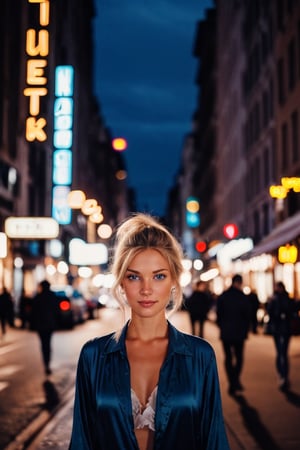 masterpiece, realistic and detailed, of an incredibly pretty blonde girl, with intense blue eyes, loosely tousled medium hair ruffled by the air, a shy and blushed smile, slender, comfortably dressed in dark colors, intricate and pale skin reflecting dramatic city lights at night, looking splendid and radiant, gazing at the viewer, walking backward on a busy street in any modern city at night, neon signs casting an atmospheric glow, incredibly detailed full-body photograph with perfect depth of field, sharp auto-focus, error-free image.