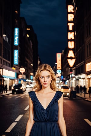 masterpiece, realistic and detailed, of an incredibly pretty blonde girl, with intense blue eyes, loosely tousled medium hair ruffled by the air, a shy and blushed smile, slender, comfortably dressed in dark colors, intricate and pale skin reflecting dramatic city lights at night, looking splendid and radiant, gazing at the viewer, walking backward on a busy street in any modern city at night, neon signs casting an atmospheric glow, incredibly detailed full-body photograph with perfect depth of field, sharp auto-focus, error-free image.
