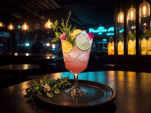 Stunning, refreshing gintonic cocktail decorated with flowers and herbs, menu photo mixology masterpiece, dramatic neon-noir lights, edge shaped backlight effect,  excessive detailed, intricate textures, extremely realistic muted colors, realistic, complex backgound, 