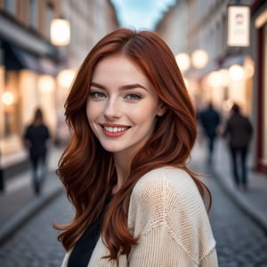 incredible redhead is on the streeet with an really lovely smile and  a impressive icecream, realistic,  incredible face, detailed 
 almond shape eyes, mystical girl, lovely, medium hair moving with the air, intricate background, atmospheric view, nostalgic happiness, urban photo, people moving, depth field, she is the only one person in slow mo, heavy detailed environment, instaphoto, photo of the year,  atmospheric view,