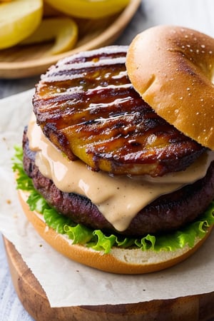 Una hamburguesa gourmet es una deliciosa obra maestra, Ubicado entre dos bollos brioche ligeramente tostados, La hamburguesa de carne perfectamente a la parrilla toma el centro del escenario, Jugoso y tierno, Está cocinado a la perfección, adornado con una fina capa de queso cheddar envejecido derretido que cae en cascada seductoramente sobre los lados, Las cebollas caramelizadas y los champiñones salteados añaden su sabroso encanto, complementado por el sutil ahumado del corte grueso, Tocino glaseado de arce. Lechuga crujiente, tomates maduros, y encurtidos, mientras que una salsa gourmet secreta, Cremoso y ácido, papas fritas sazonadas cortadas a mano y una pizca de sal marina artesanal,