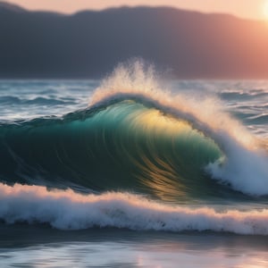 A slow-motion realistic transparent  wild sea wave at the sunset