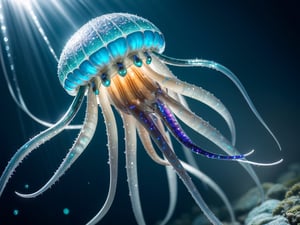 Ultra detailed jellyfish ((with iridiscent glow)), sun rays piercing through the sea water, at the bottom of the sea, very glowy jellyfish, (((holographic))), (((rainbowish)))