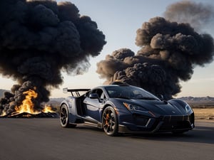 stuning masterpiece, black bold outline intricate photo of a powerful lykan hypersport car in a burning out smoke clouds