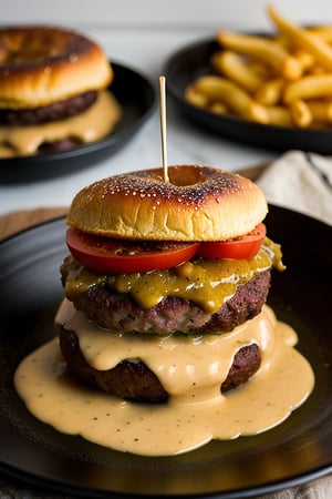 Una hamburguesa gourmet es una deliciosa obra maestra, Ubicado entre dos bollos brioche ligeramente tostados, La hamburguesa de carne perfectamente a la parrilla toma el centro del escenario, Jugoso y tierno, Está cocinado a la perfección, adornado con una fina capa de queso cheddar envejecido derretido que cae en cascada seductoramente sobre los lados, Las cebollas caramelizadas y los champiñones salteados añaden su sabroso encanto, complementado por el sutil ahumado del corte grueso, Tocino glaseado de arce. Lechuga crujiente, tomates maduros, y encurtidos, mientras que una salsa gourmet secreta, Cremoso y ácido, papas fritas sazonadas cortadas a mano y una pizca de sal marina artesanal,