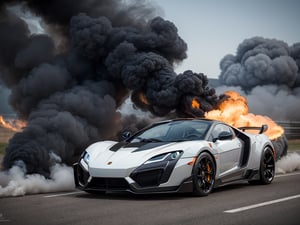 stuning masterpiece, black bold outline intricate photo of a powerful lykan hypersport car in a burning out smoke clouds