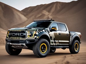 stuning black bold outline photo of a powerful and impressive camouflage ford raptor 4x4