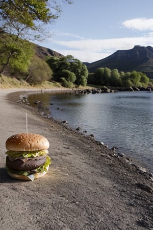 (obra maestra, calidad superior, La mejor calidad, hermosas y estéticas:1.2), extremadamente detallado, más alto detalle,Humburger,foto de hamburguesa, fondo blanco, paisaje, sombra, montañas, agua, árboles