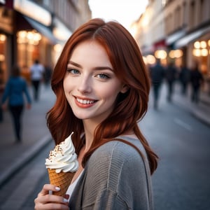 incredible redhead is on the streeet with an really lovely smile and  a impressive icecream, realistic,  incredible face, detailed 
 almond shape eyes, mystical girl, lovely, medium hair moving with the air, intricate background, atmospheric view, nostalgic happiness, urban photo, people moving, depth field, she is the only one person in slow mo, heavy detailed environment, instaphoto, photo of the year,  atmospheric view,