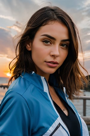 The subject is positioned to the center of frame,  with ultra-detailed hair and skin, perfectly expressive honey color eyes, well-defined lips, the Camera is a Sony Alpha 1 mirrorless and full-frame, autofocus, ISO 100, shutter speed of 1/1450s, anamorphic 88mm lens, 4k perfectly sharpness quality, sunny day, sunset hour, The subject is riley reid wearing a post-apocalyptic, cyberpunk, futuristc tech-wear suit, ultra-detailed and high-quality photography [Note: The character should be centered in the foreground with different depth planes behind, do not crop the background, do not crop the main character.] tumblr urban photo style, david lachapelle style photography, colorfull, instapic, photo of the day.