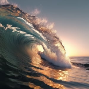 A slow-motion realistic transparent  wild sea wave at the sunset