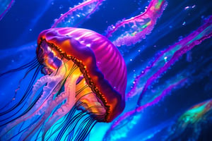 Ultra detailed jellyfish ((with iridiscent glow)), sun rays piercing through the sea water, at the bottom of the sea, very glowy jellyfish, (((holographic))), (((rainbowish)))