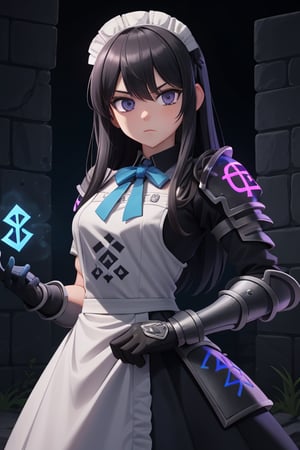 runes, [1_girl], runic_guantlet, [armored_hands], battlemaid, black-hair, blue/purple_eyes, maid, runed hand_armour/guantlet, glowing_runes, complex_rune, composite_rune, glyph