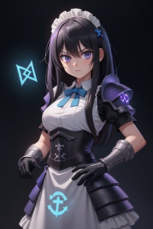 runes, [1_girl], runic_guantlet, [armored_hands], battlemaid, black-hair, blue/purple_eyes, maid, runed hand_armour/guantlet, glowing_runes, holy_rune,