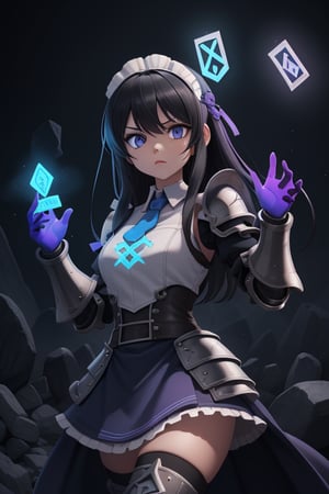runes, [1_girl], runic_guantlet, [armored_hands], battlemaid, black-hair, blue/purple_eyes, maid, runed hand_armour/guantlet, glowing_runes, complex_rune, composite_rune, glyph