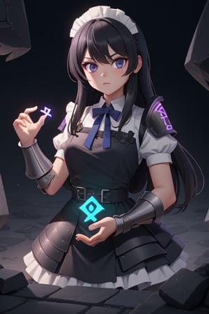 runes, [1_girl], runic_guantlet, [armored_hands], battlemaid, black-hair, blue/purple_eyes, maid, runed hand_armour/guantlet, glowing_runes, complex_rune,