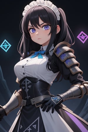 runes, [1_girl], runic_guantlet, [armored_hands], battlemaid, black-hair, blue/purple_eyes, maid, runed hand_armour/guantlet, glowing_runes, earth_rune