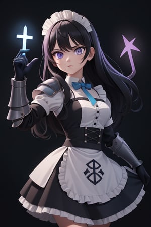 runes, [1_girl], runic_guantlet, [armored_hands], battlemaid, black-hair, blue/purple_eyes, maid, runed hand_armour/guantlet, glowing_runes