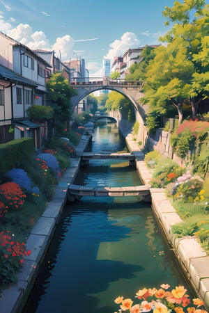 Infrared image, contrasted, Beautiful little street of tokyo, canal, little bridge, flower floating in the air, blue sky, sunny day, (masterpiece)