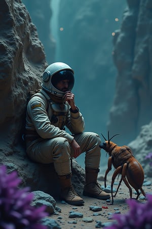 Space explorer seated against a Rock, wearing torn clothes, hand on his knees thinking, on a strange planet covered by strange purple/blue/(green:1,4) plants, weird  dog-sized insect sniffing the astronaut, teared- liquid little blobs on the groud, weird shaped rocks, , horrific, contrasted, low light but clear image, foggy, firefly