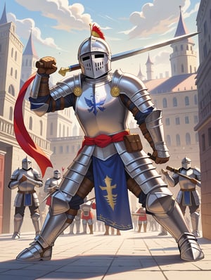 uhd, 8k, high quality, digital illustration, b;izzard art style, a man wearing white knight armor, with a silver helmet, holding bolter, fighting in a city, full body, primaris helmet ,Knight armor