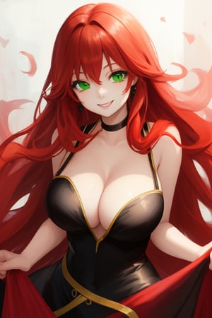 Red_hair Dress Green_eyes long_hair cleavage smile