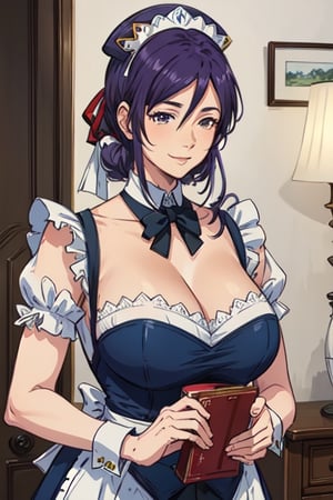 purple hair,masterpiece, best,NonoharaMikako, gigantic_breast, maid, milf, mature woman,  soft expression, smile, small nose,