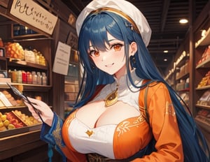 brown_eyes,electric_blue_hair, medieval clothes, orange clothes, 1_girl, merchant, long hair, big_breasts, smile
