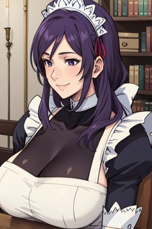 purple hair,masterpiece, best,NonoharaMikako, gigantic_breast, maid, milf, mature woman,  soft expression,, small nose, reception, book, table, older female, devious smile,