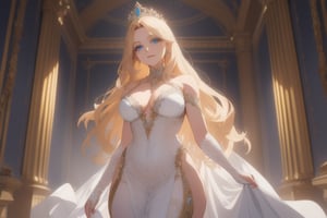 A majestic princess stands tall in a grand throne room, bathed in warm, soft lighting that accentuates her porcelain complexion and striking features. Her long blond hair flows down like golden waves, framing her regal face and piercing blue eyes that seem to sparkle with mischief. She wears a flowing white gown that swirls, emphasizing the curves of her figure and delicate facial features as she poses imperiously against an ornate backdrop, adorned by a crown that crowns her beauty.