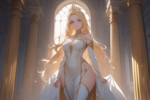 A majestic princess stands tall in a grand throne room, bathed in warm, soft lighting that accentuates her porcelain complexion and striking features. Her long blond hair flows down like golden waves, framing her regal face and piercing blue eyes that seem to sparkle with mischief. She wears a flowing white gown that swirls, emphasizing the curves of her figure and delicate facial features as she poses imperiously against an ornate backdrop, adorned by a crown that crowns her beauty.