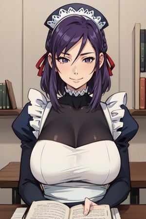 purple hair,masterpiece, best,NonoharaMikako, gigantic_breast, maid, milf, mature woman,  soft expression,, small nose, reception, book, table, older female, devious smile,