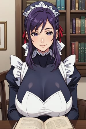 purple hair,masterpiece, best,NonoharaMikako, gigantic_breast, maid, milf, mature woman,  soft expression, smile, small nose, reception, book, table, older female,