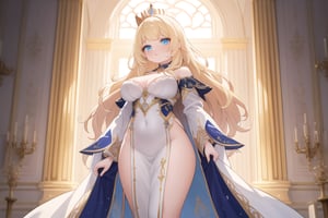 A majestic princess stands tall in a grand throne room, bathed in warm, soft lighting that accentuates her porcelain complexion and striking features. Her long blond hair flows down like golden waves, framing her regal face and piercing blue eyes that seem to sparkle with mischief. She wears a flowing white gown that swirls, emphasizing the curves of her figure and delicate facial features as she poses imperiously against an ornate backdrop, adorned by a crown that crowns her beauty.