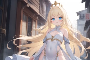 A majestic princess stands tall in a medieval street, bathed in warm, soft lighting that accentuates her porcelain complexion and striking features. Her long blond hair flows down like golden waves, framing her regal face and piercing blue eyes that seem to sparkle with mischief. She wears a flowing white gown that swirls, emphasizing the curves of her figure and delicate facial features as she poses imperiously against a slum's backdrop, adorned by a crown that crowns her beauty.