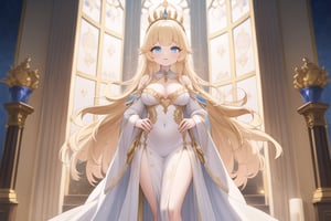 A majestic princess stands tall in a grand throne room, bathed in warm, soft lighting that accentuates her porcelain complexion and striking features. Her long blond hair flows down like golden waves, framing her regal face and piercing blue eyes that seem to sparkle with mischief. She wears a flowing white gown that swirls, emphasizing the curves of her figure and delicate facial features as she poses imperiously against an ornate backdrop, adorned by a crown that crowns her beauty.