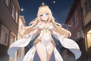 A majestic princess stands tall in a medieval street, bathed in warm, soft lighting that accentuates her porcelain complexion and striking features. Her long blond hair flows down like golden waves, framing her regal face and piercing blue eyes that seem to sparkle with mischief. She wears a flowing white gown that swirls, emphasizing the curves of her figure and delicate facial features as she poses imperiously against a slum's backdrop, adorned by a crown that crowns her beauty.